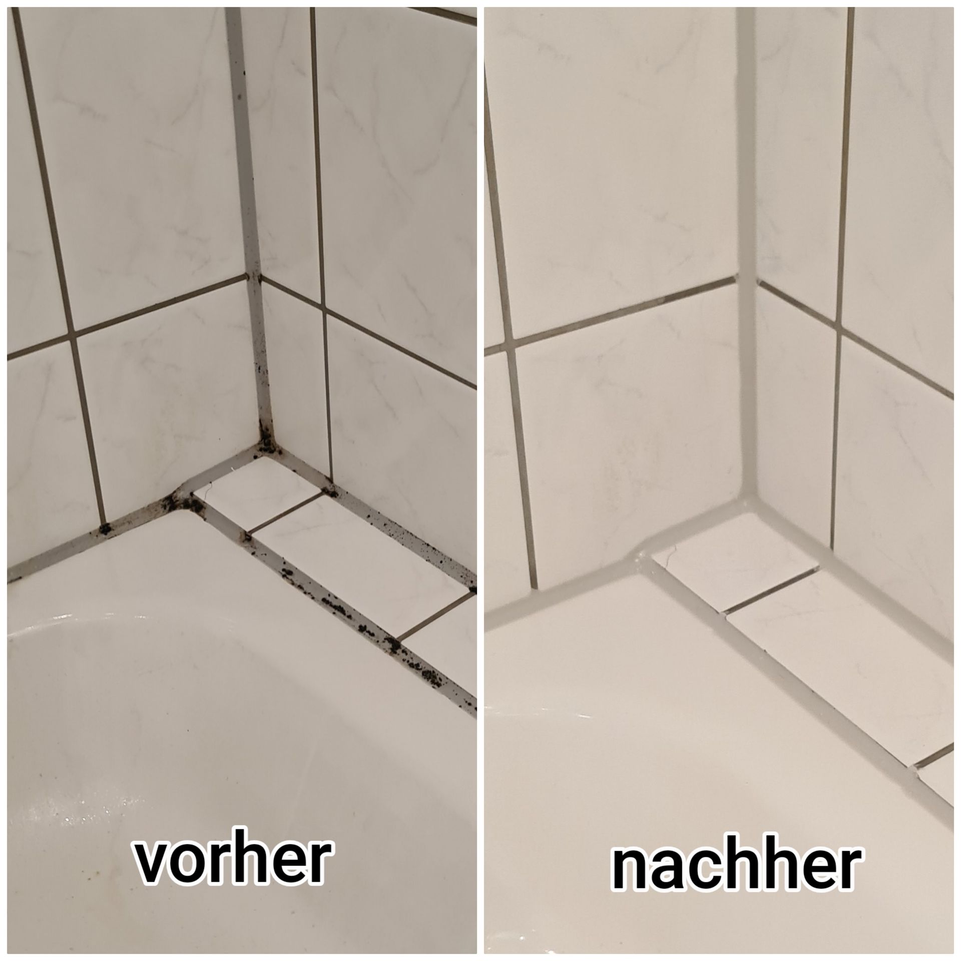 Vorher-Nachher: Verfärbte Silikonfugen in Badezimmerecke professionell erneuert